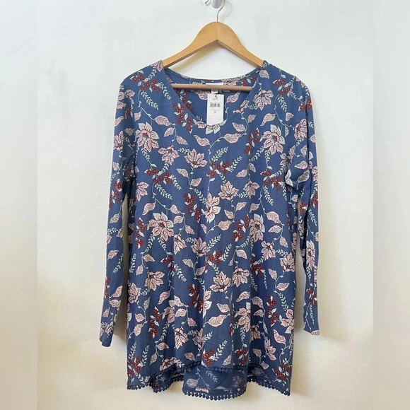 J. Jill Sz M Modal Denim Blue Floral Long Sleeve Tunic Blouse Trim Casual Vneck - Picture 2 of 10